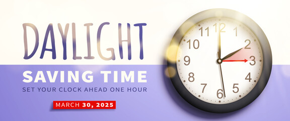 Spring Forward. Daylight saving time banner with realistic black 3d wall clock bright sun rays and bokeh on lilac background. Set your clock ahead one hour on 30 March 2025. Vector illustration