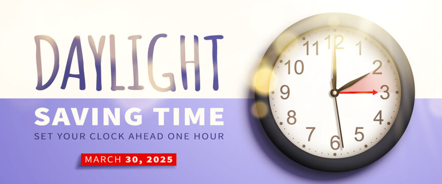 Spring Forward. Daylight saving time banner with realistic black 3d wall clock bright sun rays and bokeh on lilac background. Set your clock ahead one hour on 30 March 2025. Vector illustration