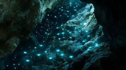 Glowing bioluminescent waves, ocean depths illuminated with vibrant blue lights, showcasing nature's enchanting beauty.