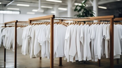 A modern and efficient clothing production line emphasizing sustainable ethical practices and a focus on over quantity  The workflow features streamlined machinery and a minimalist
