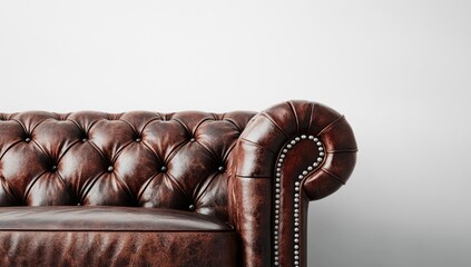 Obraz premium Brown leather tufted sofa against a white wall