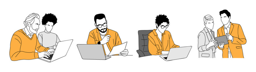 Office work business concept illustrations set. Different Men, women sitting at the desk, working on laptop. Modern vector simple outline drawing for graphic, web design Isolated