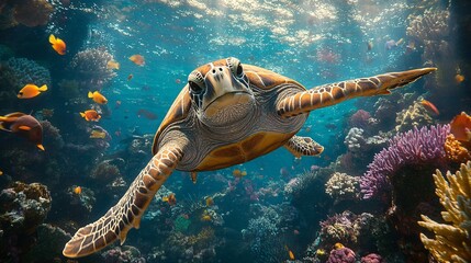 Fototapeta premium Graceful sea turtle swimming through vibrant coral reef underwater marine life nature scene