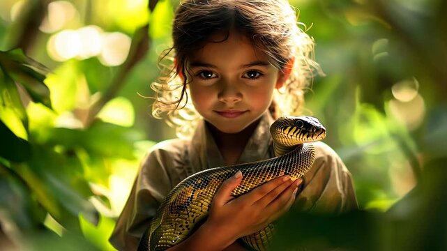 A young girl holding a large snake in a sunlit forest clearing