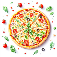 Flat-lay of the pizza dough with tomato, pecorino, mozzarella chee,se and basil toppings isolated on a white background. Generative AI.