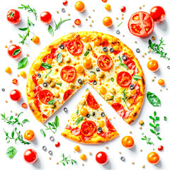 Flat-lay of the pizza dough with tomato, pecorino, mozzarella chee,se and basil toppings isolated on a white background. Generative AI.