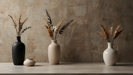 Copy space background in bohemian beige. minimalist empty table in black and white with a vase. Product wall scene mockup for display and promotion backdrop.