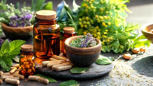 A calming visual emphasizing herbal textures and natural components, representing the balance and beauty of holistic care and traditional wellness practices.