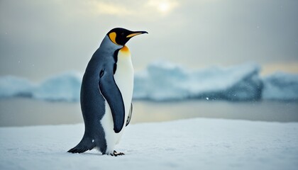 Fototapeta premium emperor penguin standing on snowy ground with floating icebergs in the background under a soft winter sky
