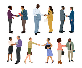 Obraz premium Diverse Business people shaking hands set. Agreement, trust, cooperation concept. Greeting gesture, handshake of multiracial businessmen, businesswomen. Vector illustration isolated