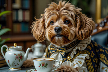 Animal creative concept,Victorian Elegance: A Dignified Dog in Elaborate Attire Enjoying Afternoon Tea,advertisement, banner, card,copy text space,birthday party invite invitation.