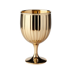 A shiny gold goblet with vertical grooves, featuring a wide rim and a sturdy pedestal base. isolated on white background.