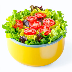 Close up organic fresh vegetables, tomato, and cucumber in a yellow salad bowl isolated on a white background. Generative AI.