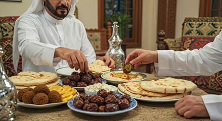 An Arab man sitting at round table, eating food at home for break fast. Happy Ramadan, Happy Fasting Day. Selamat Hari Raya Aidilfitri