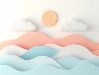 Pastel 3D paper waves with sun and clouds
