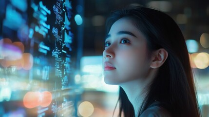 Fototapeta premium young woman studying digital data on screen