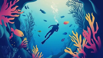 Fototapeta premium Underwater Adventure: Scuba Diver Exploring the Depths with Vibrant Coral Reef and Fish