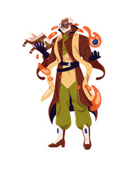 Medieval warlock reads magic book and controls fire. Old wizard in cloak casting flame with incantation. Witch, sorcerer spells, does witchcraft. Flat isolated vector illustration on white background