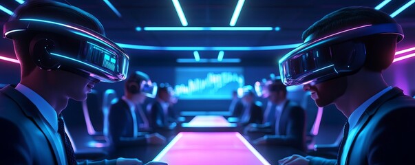 A business summit taking place in a futuristic metaverse environment