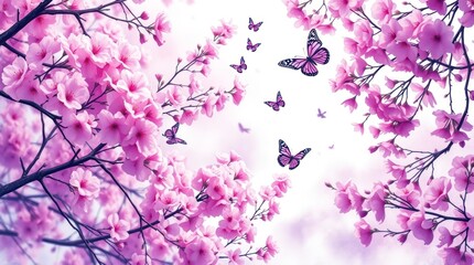 Pink Cherry Blossoms Butterflies Spring Floral Wallpaper