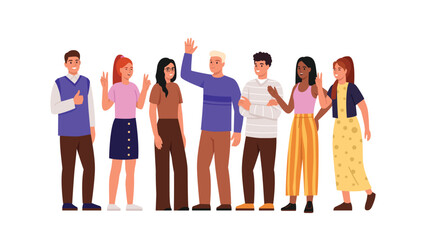Obraz premium Vector illustration of a smiling group of boys and girls.Cartoon scene boys and girls with different skin color show different hand gestures: waving, victory sign, super isolated on white background.