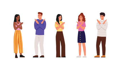 Vector illustration of a group of people with a negative gesture. Cartoon scene of dark-skinned and light-skinned boys and girls showing negative, negative hand gestures isolated on white background.