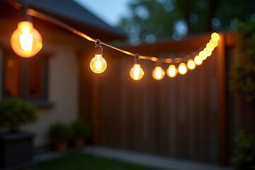 String lights create a warm evening glow, evoking cozy outdoor charm.