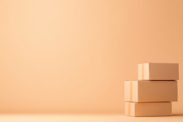 Stacked cardboard boxes on soft peach background create minimali