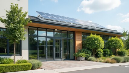 Sustainable Buildings  Green Architecture concept. Modern building with solar panels and landscaped greenery, showcasing sustainable architecture.
