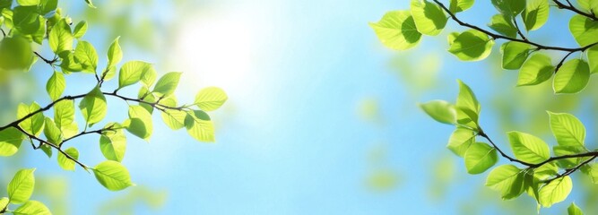 Obraz premium Green leaves and tree branches under clear blue sky on sunny day. Perfect concept for spring outing, syrup season, summer joy, fruit farm. With copy space for text addition.