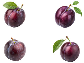 Plum fruits with leaves, a Set of plum fruit collection isolated