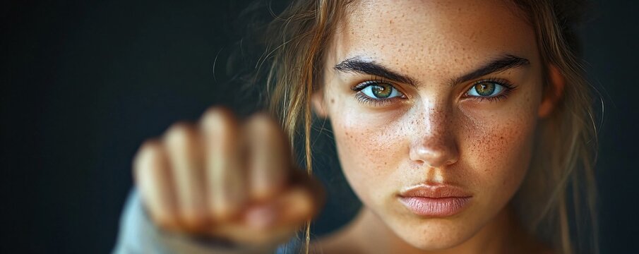 A fierce young woman clenches her fist in a strong pose, perfect for messaging on women's rights and empowerment campaigns. Ideal for International Women's Day.