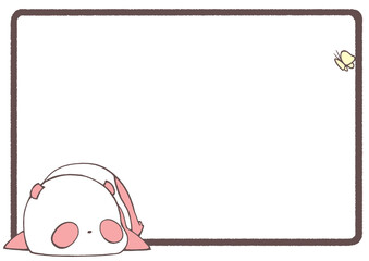 A frame on a white background with an illustration of a baby panda lying on its stomach and looking up at a butterfly (red)