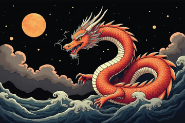 Powerful angry Japanese dragon colorful kid art for printing and decoration and other crate. objects, icon, concept, concept strong, long, tail, long tail, novel, snake, black, black background.