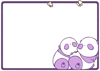 White background frame with illustration of a baby panda leaning on the wall and looking up at a butterfly (purple)