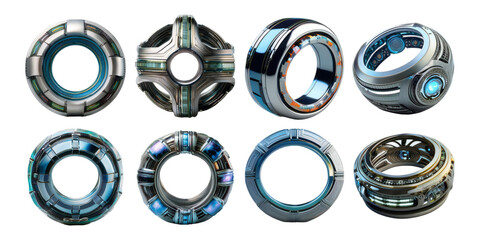 Futuristic metallic rings with glowing elements in various designs