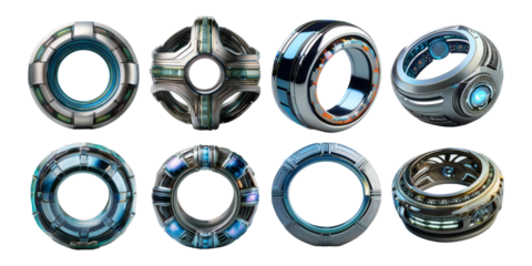 Futuristic metallic rings with glowing elements in various designs