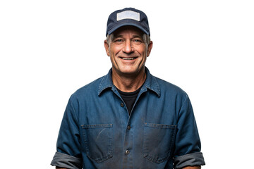 Portrait of a smiling manufacture worker wearing a hat, transparent PNG, isolated, cut-out