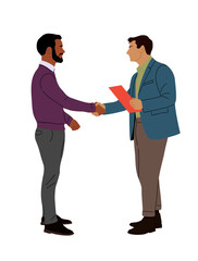 Obraz premium Business men greeting with handshake. Happy partners, office colleagues shaking hands with respect at work. Deal, agreement concept. Flat vector realistic illustration isolated 