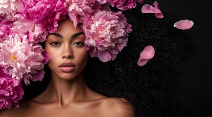 Naklejka premium Frau mit langen lockigen Haaren und rosa Pfingstrosen im Haar, Woman with long curly hair and pink peonies in her hair