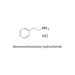 Benzeneethanamine, hydrochloride skeletal structure.Amine Salt compound schematic illustration. Simple diagram, chemical formula.