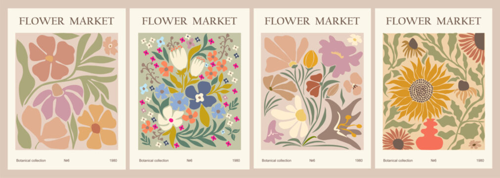 Set of abstract Flower Market posters. Trendy botanical wall arts with floral design in danish pastel colors. Modern naive groovy funky interior decorations, paintings. Vector art illustration. - Powered by Adobe