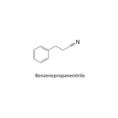 Benzenepropanenitrile skeletal structure.Nitrile compound schematic illustration. Simple diagram, chemical formula.