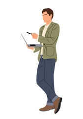Businessman standing with laptop. Handsome man in smart casual clothes using computer and pointing with pen. Vector colorful flat illustration isolated