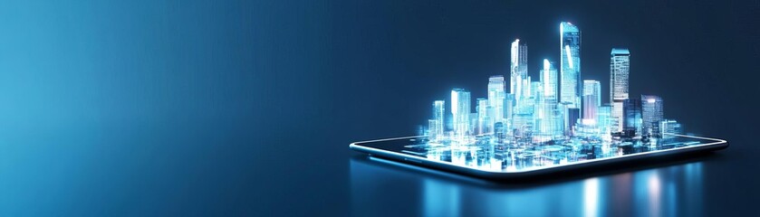 A futuristic digital city growing from a tablet, representing technology-driven business expansion