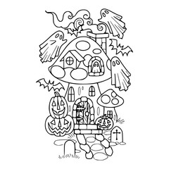 halloween house with ghosts and pumpkins vector illustration for coloring pages