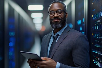 A smiling businessman holding a tablet in a server room