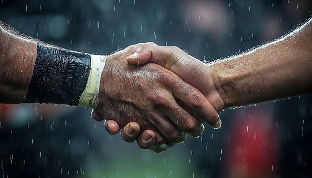 Rugby players handshake in rain