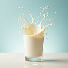 Glass of fresh milk with a dynamic splash, standing on a table against a soft blue background. Smooth texture and creamy droplets in motion. Perfect for dairy, food, and beverage concepts.