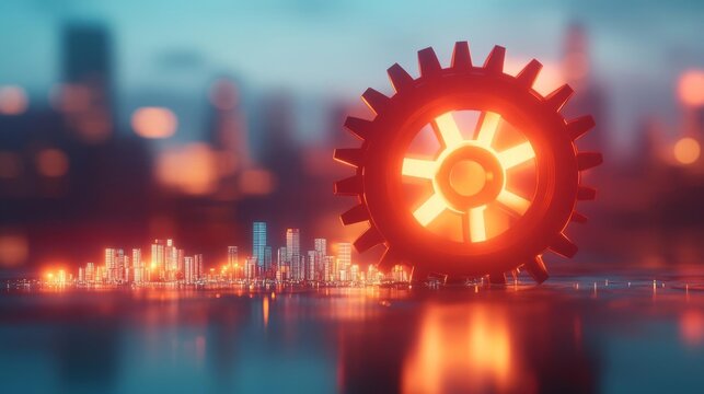 A giant gear mechanism powering up a glowing business city, symbolizing industrial growth and expansion